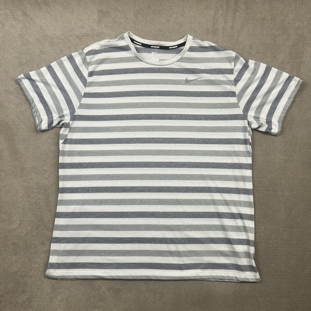 Nike Shirt Mens XXL Gray White Striped Dri-FIT Running Short Sleeve Tee